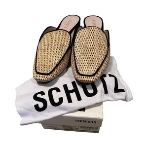 Schutz NIB Rafia Mules Black/Tan Women’s Size Euro 39